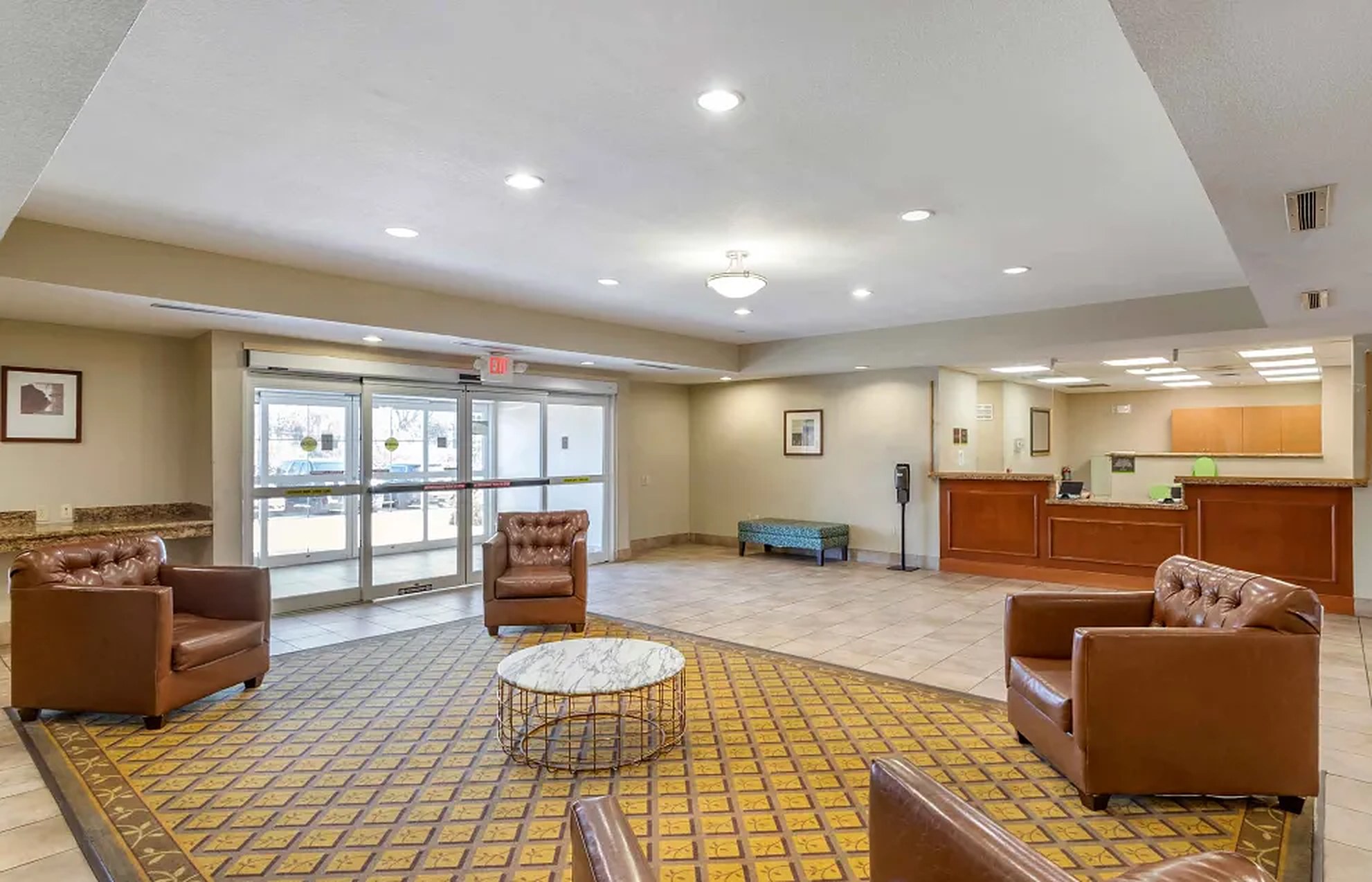Hotel lobby with seating and front desk
